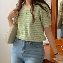 디작소 여성 토니스 쇼무닛 라운드넥 패턴 반팔 니트