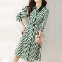 코카마니 여성 그린 스트라이프 체크 도트 앞단추 플레어 예쁜 긴팔 원피스