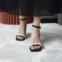 Baiwife 진주 일자 스트랩 샌들 여선녀 스타일 힐 굵은 힐에 매치 큐브 미
