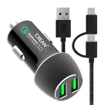 크레앙 퀵차지 3.0 트윈 카차져 + C타입 2 in 1 케이블, CREQCAR3TW, 블랙