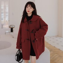 더플 코트 떡볶이코트 모직 레드 혼 버튼 여성 중간 길이 양 뿔 중간 섹션 가 겨울