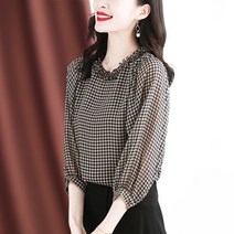 빌리즈빈 봄 여성 라운드넥 체크무늬 하객 블라우스 7955