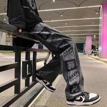 편한청바지 남성팬츠 남성옷 남자청바지 패널 블랙 청바지 남자 디자이너 스트레이트 헐렁한 바지 빈티지 한국어 streetwear y2k 패션 와이드 레그 펑크 캐주얼 데님 호환