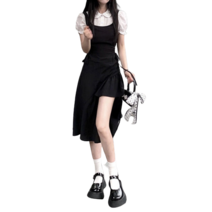 도오빠 힙세로 여아 반팔 블라우스 원피스 세트 투피스 언밸런스 오버롤 레이어드 스트랩 셔링 반팔 밴딩 퍼프 소매 주니어 여름 원피스세트 원사이즈