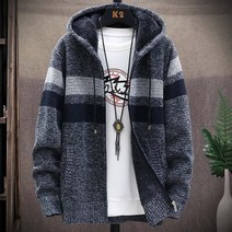 스트라이프 남성 스웨터 코트 두꺼운 양털 따뜻한 지퍼 울 후드 카디건 점퍼 남성 긴 소매 니트 스웨터
