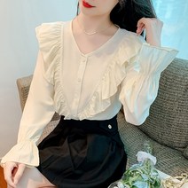 여성용 프릴 브이넥 긴팔 블라우스 하늘비즈 A31 N837S596