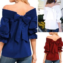 ARGENSIMOR 오프숄더 스모크 리본 블라우스 빅사이즈