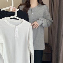 면 와플 뒷카라 와이드 중롱 긴팔 상의 티셔츠녀