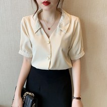 레이스 플라워 허리셔링 여성 퍼프 뒷리본 30대 코디 실크 브이넥 쉬폰 블라우스 카라