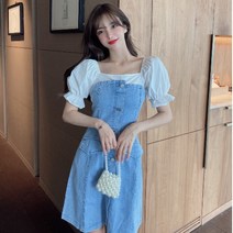 서양식 빈티지한 디자인 퍼프소매 데님 스커트샤콜 소금에 연령 감량 효과 LAP원피스 여성 드레스 하객원피스 롱원피스 린넨
