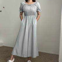 에이치스 스모크 밴딩 퍼프소매 프릴 와이드 반팔 점프수트