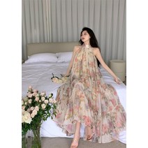 로즈프린트 쉬폰 홀터넥 롱비치원피스 휴가지복장