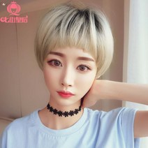 여성짦은머리 숏컷 짦은앞머리 바가지머리 잘생긴가발 금색짦은머리 검은머리 보라색머리 그린색머리 다크커피색머리 초코색머리, 청목 린넨 그레이(블랙 머리 염색) 25CM, 단일사이즈