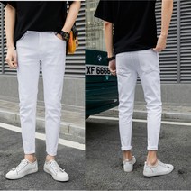 흰색 청바지 남성 트렌드 꽉 끼는 연필 바지 찢어진 작은 발 바지 남성 캐주얼 남성 바지의 어