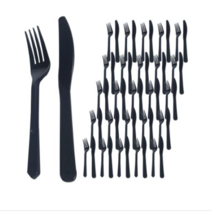 투고팩 위생적인 개별 포장 블랙 일회용 포크 + 나이프 세트, 100개입, 2개세트