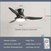 북유럽 Reversiable 강한 바람 천장 팬 LED 빛 및 원격 제어 지원 110-240V 입력을 가진 현대 창조적 인 교수형 팬, 01 Black Mold, 02 52 inch 132cm