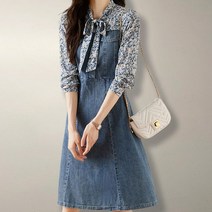 퀸이즈 퀸이즈 조에 플라워 리본 디테일 데님 원피스
