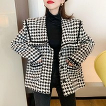 스타일아유 여성 하운드체크코트 오버핏 자켓 박시 케으프 포켓 모직 코트 겨울