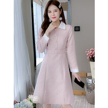 여성 원피스 2022 new 가을 겨울 패션 트위드 옷깃 칼라 드레스 여성 긴 소매 무릎 길이 모직 드레스