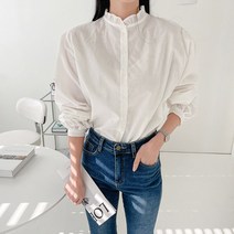 모드 블라우스)셔링넥 프릴넥 셔링소매 레이스 퍼프소매 화이트 아이보리 흰색 베이지 레이스장식 목셔링 흰블라우스 프리사이즈
