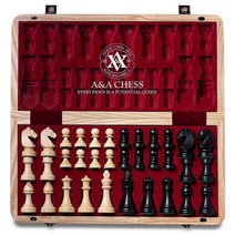 A&A 38.1cm(15인치) 나무 접이식 체스 & 체커 세트 7.6cm(3인치) 킹 높이 스톤튼 체스 피스 / 엑스트라 퀸 2개 - 월넛 및 메이플 인레이 포함 유럽 애쉬 박스, Natural European Ash