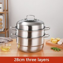편백 스텐 찜기 2 3 4 단 찜냄비 찜기 스테인레스 스틸 레이어 스팀 쿠커 냄비 주방 다기능 스팀 포트 인덕션 쿠커용 가스 스토브 스팀 포트, 28cm 3단