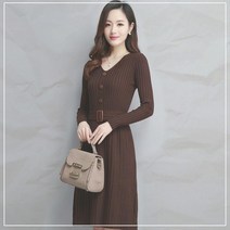 행복한쇼핑몰벨트 니트원피스 브이넥 H라인 긴팔 골지 가을