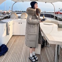 여성 학생 롱패딩 점퍼 겨울 카키 패딩 롱코트 캐주얼 루즈 털이 후드 솔리드 두꺼운