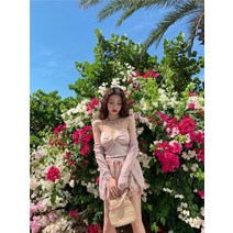 투피스 수트 스커트 세트 스커트 여성 여름 신상하이 웨스트 A 라인 스커트 핑크 꽃무늬 숏 스커트