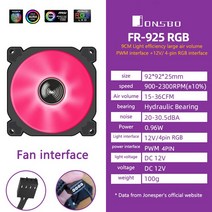케이스 쿨러 쿨링팬 JONSBO FR-925 RGB 90mm 높은 풍량 조명 효과 케이스 팬 5V 3 핀 CPU 냉각 PWM 소형 9