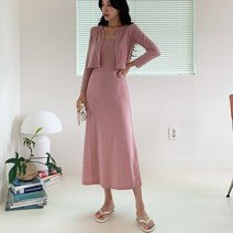 봄 40대 미시 엄마옷 크롭 레이어드 가디건 끈 나시 슬림핏 롱 원피스 코디 한벌 세트