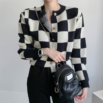 WPUY 봄 복고풍 라운드 네크라인 체크 무늬가 도톰한 컬러의 싱글 버클 루즈핏 긴팔 니트 카디건 코트