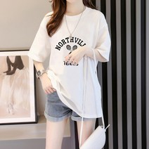 스타일아유 여성 반팔티 100%면 티셔츠 오버핏 NORTHVILLE 라켓 프린팅 여자 여름 롱티