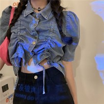 Ogfaour여자 롱 청남방 청청 코디 여성 반팔 데님 셔츠 큰 사이즈 지방 여름 디자인 틈새 퍼프 xinquan7852