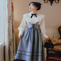 경성의복 개화기원피스 개화기의상 스타일 투피스 세트 빈티지 모던 여성 의상 스위트 레이스 보우 소매 셔츠 상의 및 스트라이프 롱 스커트