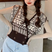 [랜덤플레이] 브이넥 더블 단추 기하학 무늬니트 베스트 조끼
