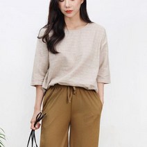 ERV784855블루모드 여자 라운드 반팔 티셔츠 린넨 여름 루즈핏 옷, 색상 사이즈/연베이지 2XL 88까지