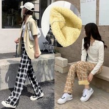여성용 양털 타탄 체크 밴딩 팬츠 융 기모 통 바지 밍크 세미 와이드 겨울 고무줄 방한