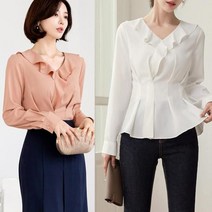 시크라인 러플넥 허리 핀턱 볼륨 핏 블라우스