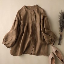 퀸앤조이 모카향기 노카라 버튼 린넨 셔츠 블라우스
