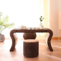 등나무 다다미 라탄 테이블 의자 세트, 두개의어두운기둥이있는중간S-다리어두운커피테이블