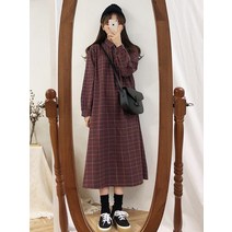 DAPANDA 가을 2020 오버핏 하프 긴팔 체크 셔츠 원피스 여소중 디자인 스커트