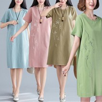 녕동 여름 여성의류 면마 여성 린넨원피스 여름 자수 오버핏 미디 원피스 +사은품