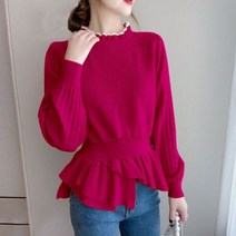 퍼프 소매 니트 반목 프릴 루즈핏 스웨터