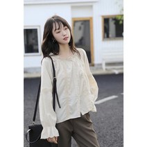 콩단추 프릴 라운드넥 레이스 테이프 코튼 면 가을블라우스
