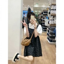 여성 프렌치 플라워 티세프 멜빵 원피스 볼륨 셔츠 투피스 빈티지 미니멀 세트