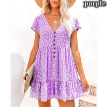 빅사이즈원피스 도트 레이스 77사이즈 Summer Ladies Dress 프린트 비치 스커트 반소매 브이넥 미니 폴카 블루 탑
