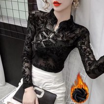 플라워 블라우스 꽃무늬 셔츠 여성 메쉬 자수 레이스 긴팔 슬림 블랙 벨벳