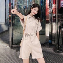 휴양지점프수트 여자 반팔 점프슈트 반바지 여름 리본 여리핏