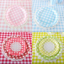 생일 파티 테이블 체크 무늬 1회용 접시 캠핑 감성인테리어 집들이 셀프 소품 케이터링, 핑크, 23cm